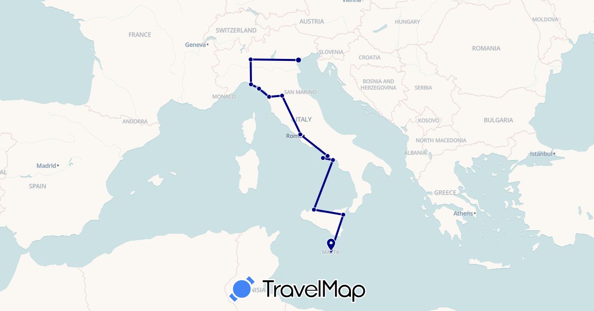 TravelMap itinerary: driving in Italy, Malta, Vatican City (Europe)